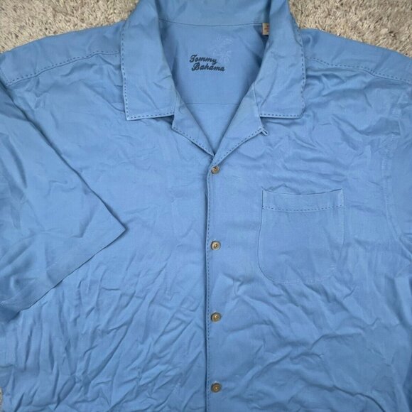 Tommy Bahama All Silk Hawaiian Camp Shirt Luau Button Up Solid Blue XL w Pocket - Picture 1 of 8